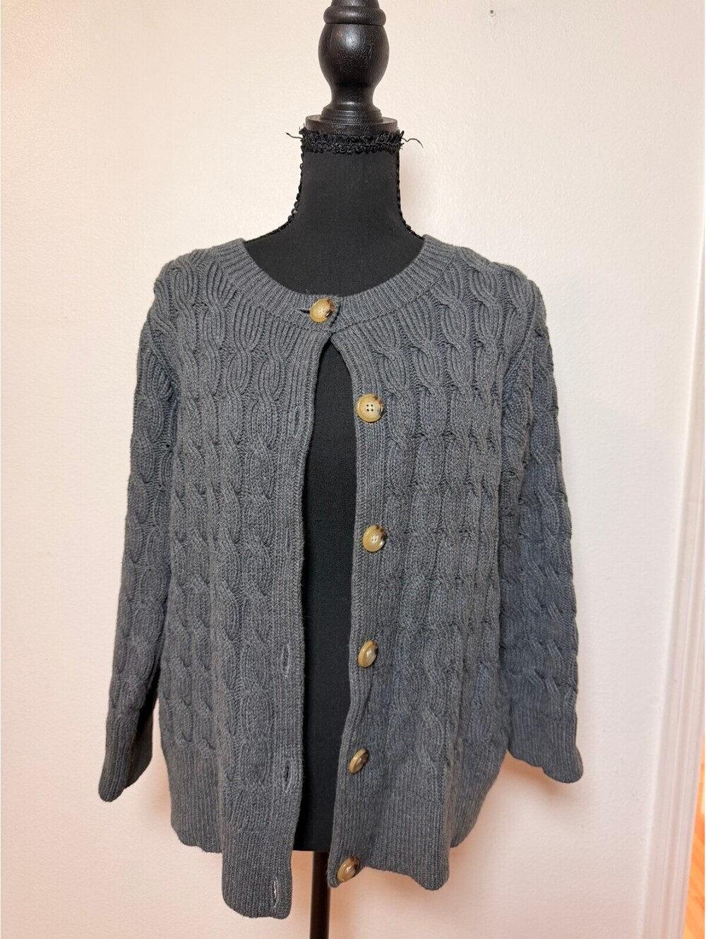 Talbots 100% Cotton Gray Cable Knit Button Cardigan L Fall